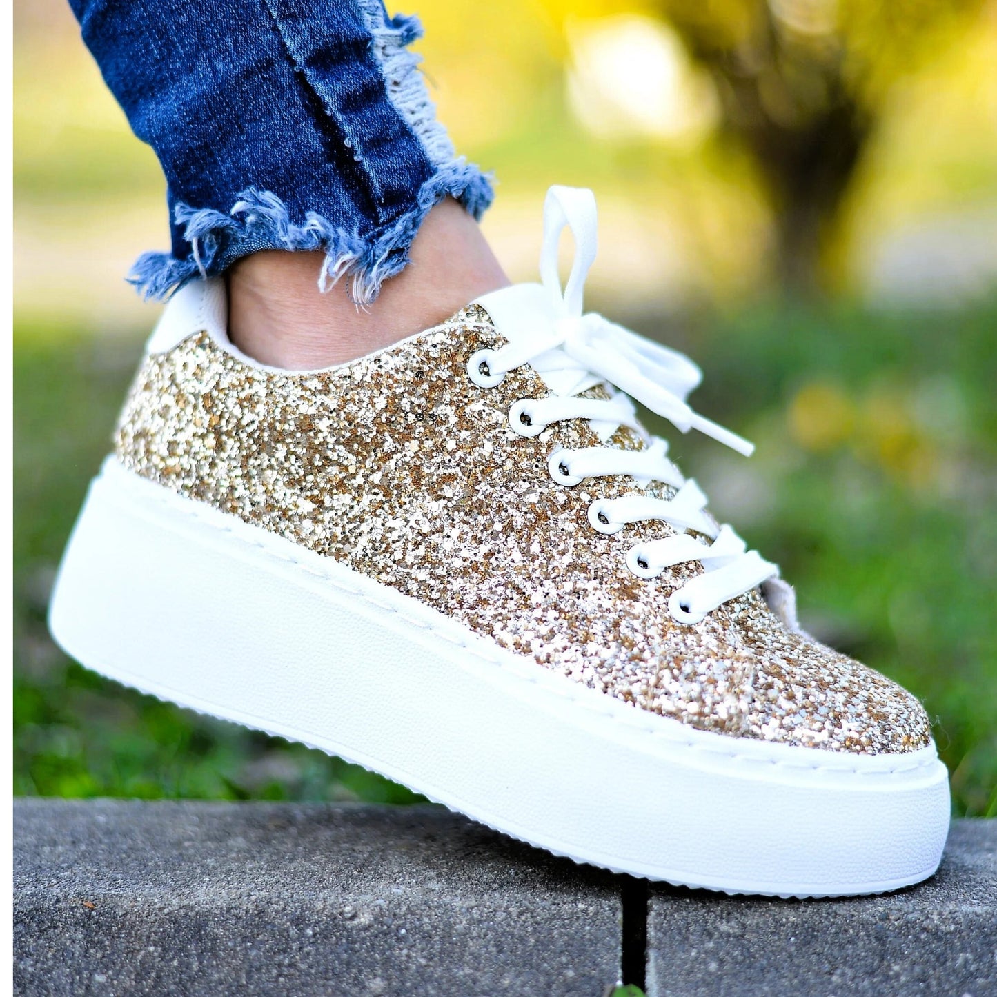 Ladies Silver Eco Glitter Leather Sneakers