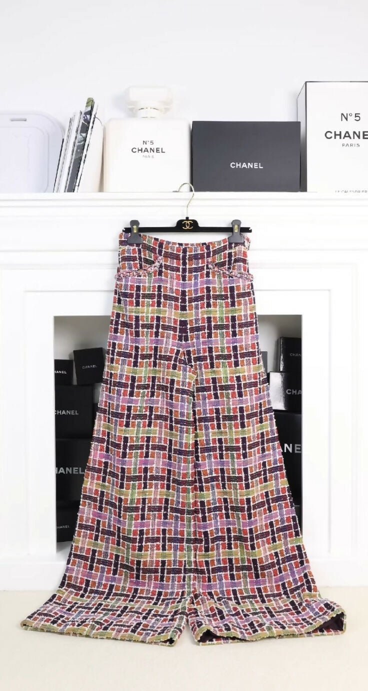 Cotton-blend check tweed high-rise wide-leg pants
