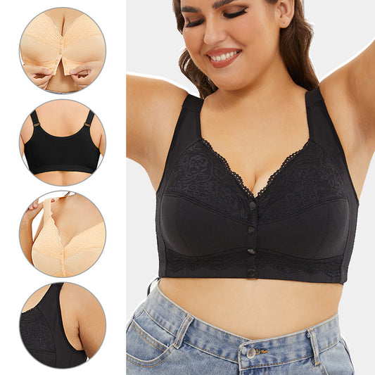 Wireless vest style lace front button bra