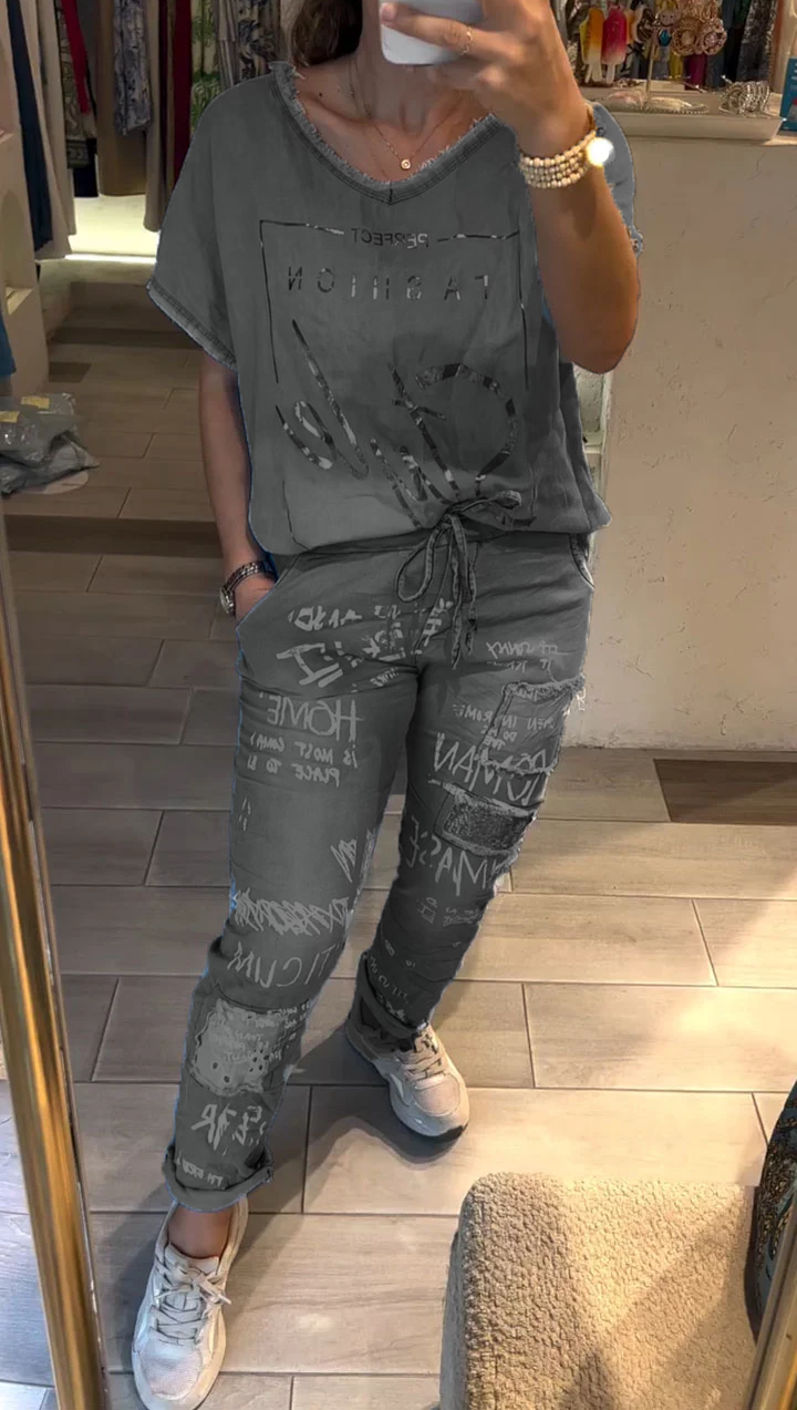 Fashion women's V-neck hot stamping Tencel denim casual suit