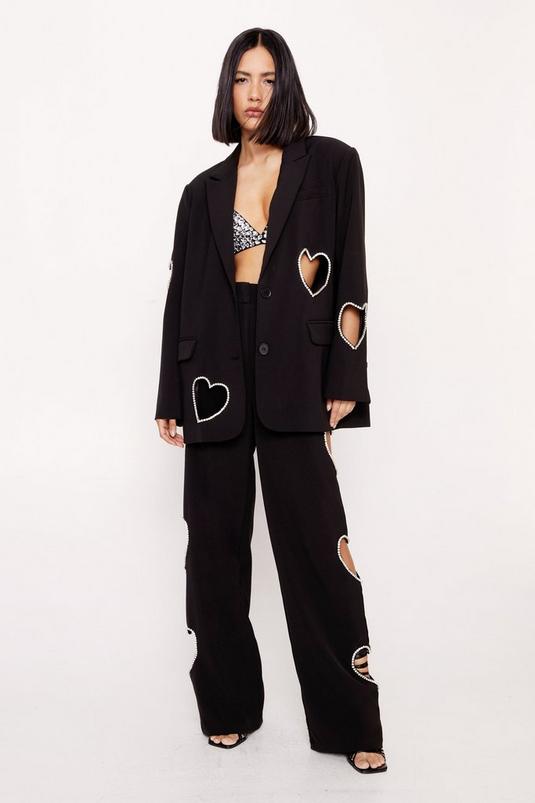 Premium Cut Out Embellished Heart Satin Blazer & Premium Heart Cut Out Trousers