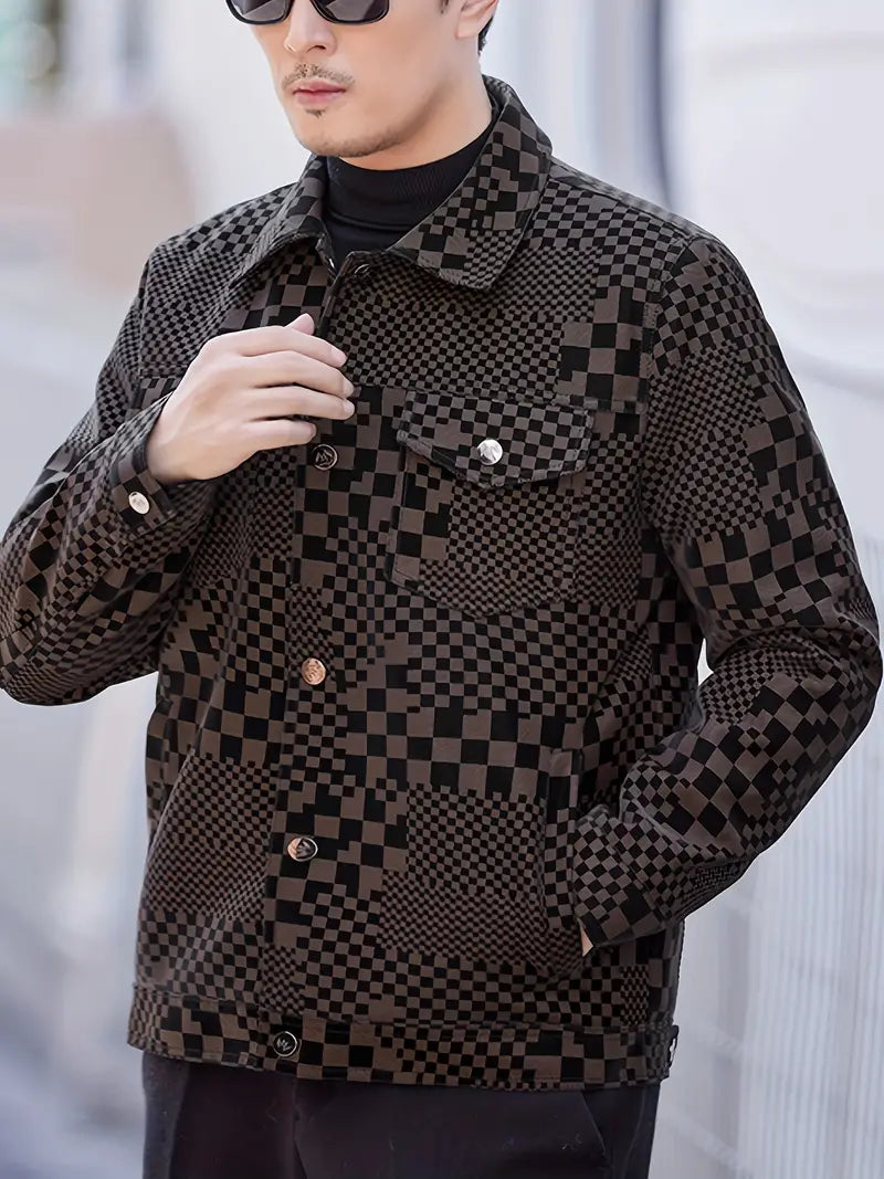 Men's Checkered Print Stand Collar Long Sleeve Zipper Casual Jacket