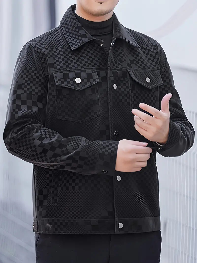 Men's Checkered Print Stand Collar Long Sleeve Zipper Casual Jacket