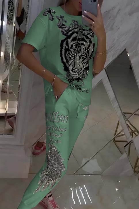 Casual Printed Top Drawstring Pants 2-Piece Set