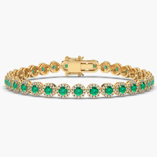 Round Cut Emerald Gemstone Halo Tennis Bracelet