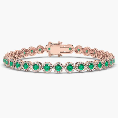 Round Cut Emerald Gemstone Halo Tennis Bracelet