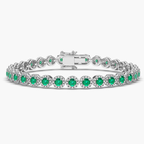 Round Cut Emerald Gemstone Halo Tennis Bracelet