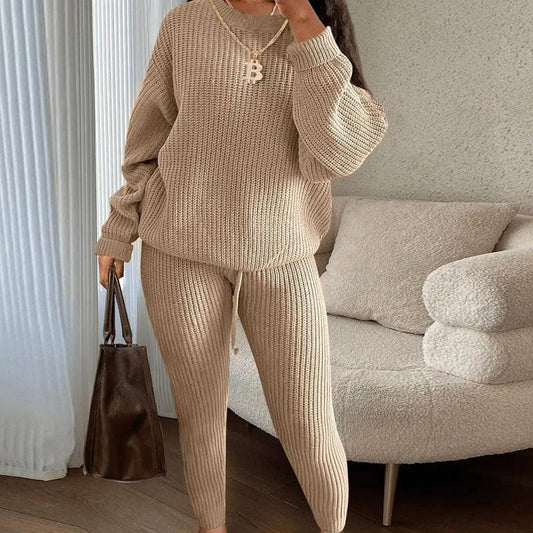 Chunky Knit Drop Shoulder Sweater Drawstring Pants Set