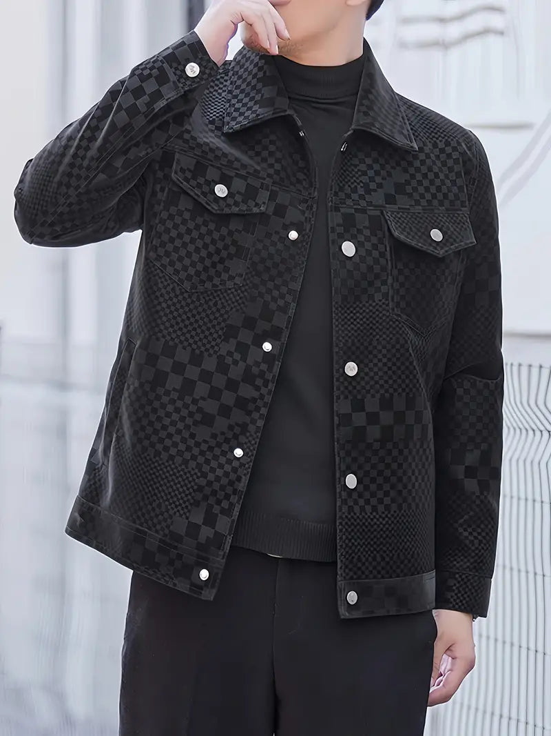 Men's Checkered Print Stand Collar Long Sleeve Zipper Casual Jacket