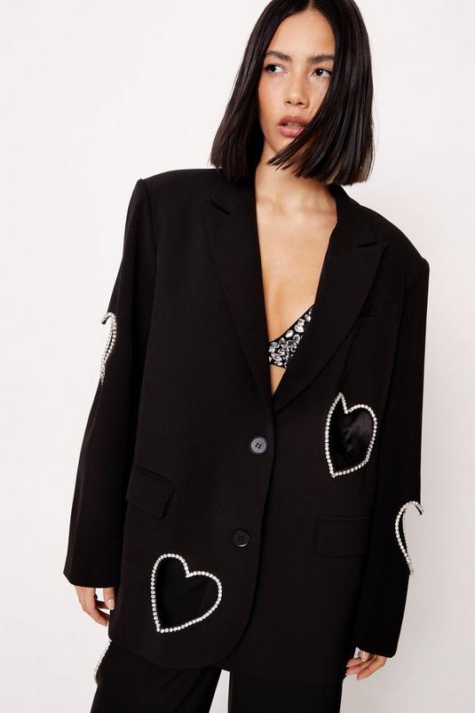 Premium Cut Out Embellished Heart Satin Blazer & Premium Heart Cut Out Trousers