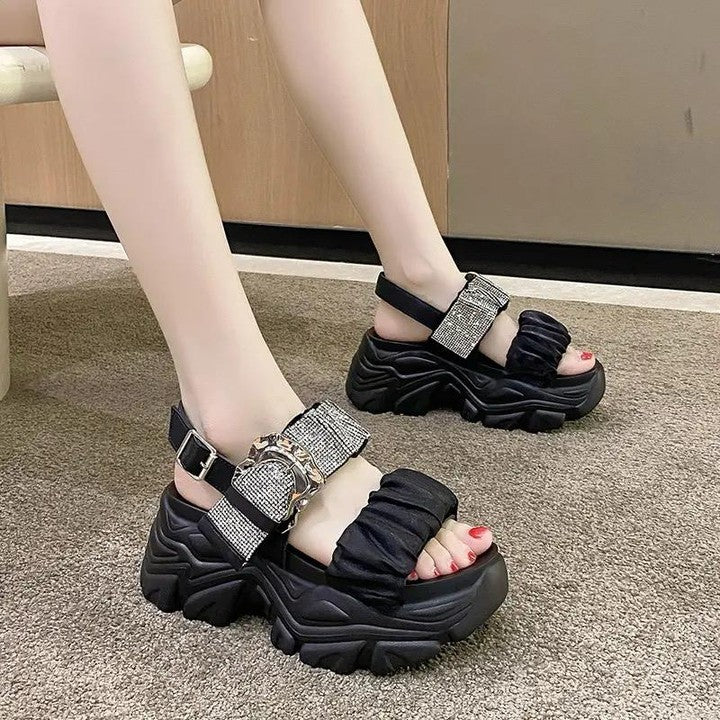 Korean rhinestone heightening metal buckle muffin sandals