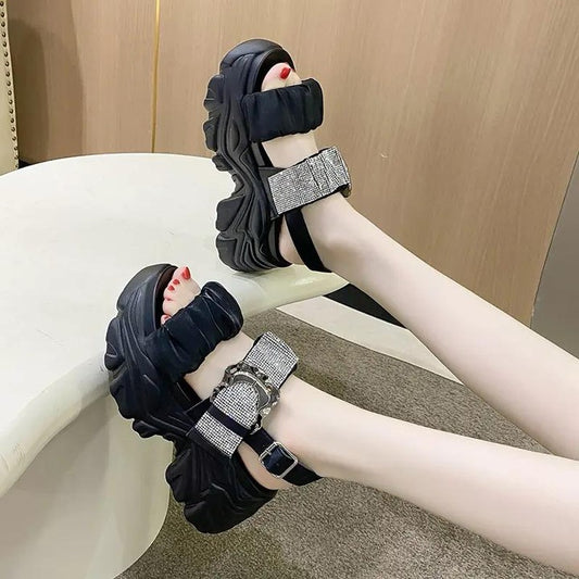 Korean rhinestone heightening metal buckle muffin sandals