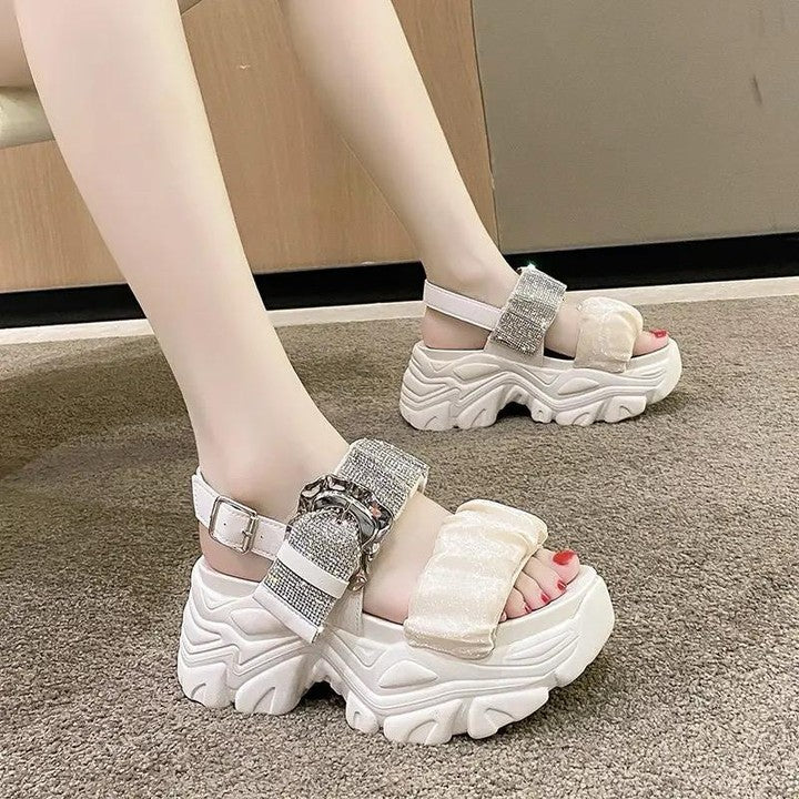 Korean rhinestone heightening metal buckle muffin sandals