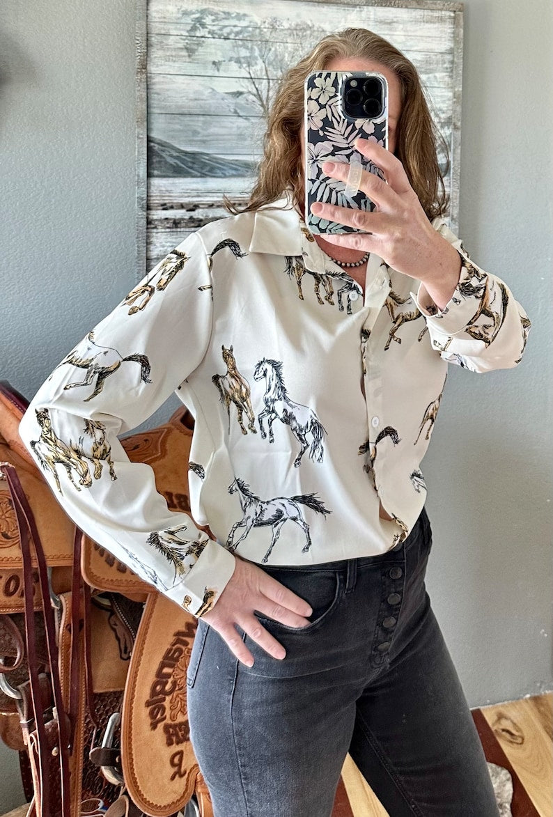 Horse print satin shirt