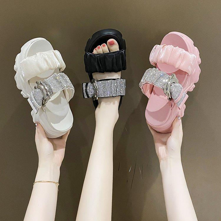 Korean rhinestone heightening metal buckle muffin sandals