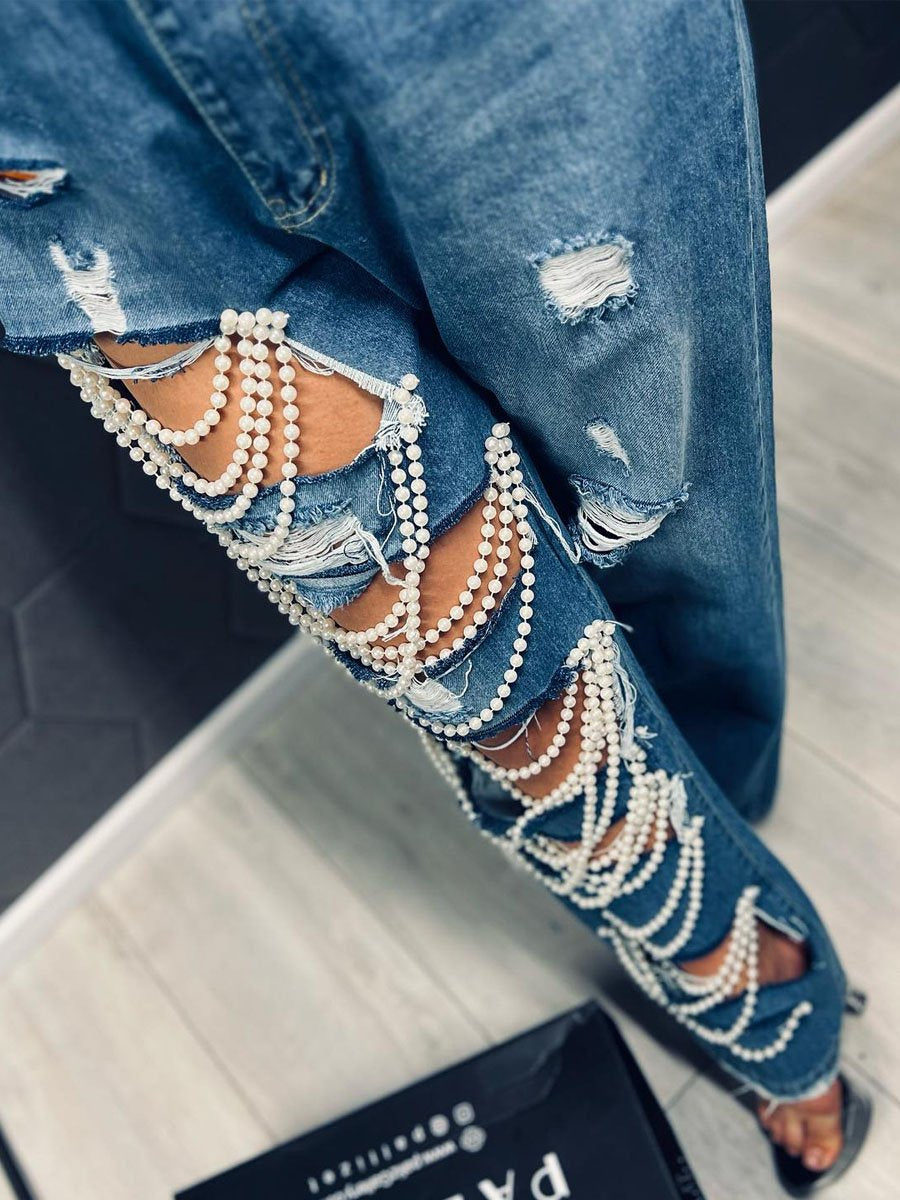 Denim Pearl Chain Ripped Jeans