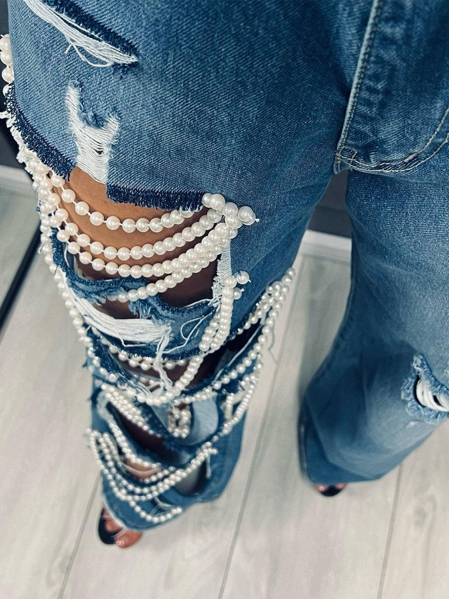 Denim Pearl Chain Ripped Jeans