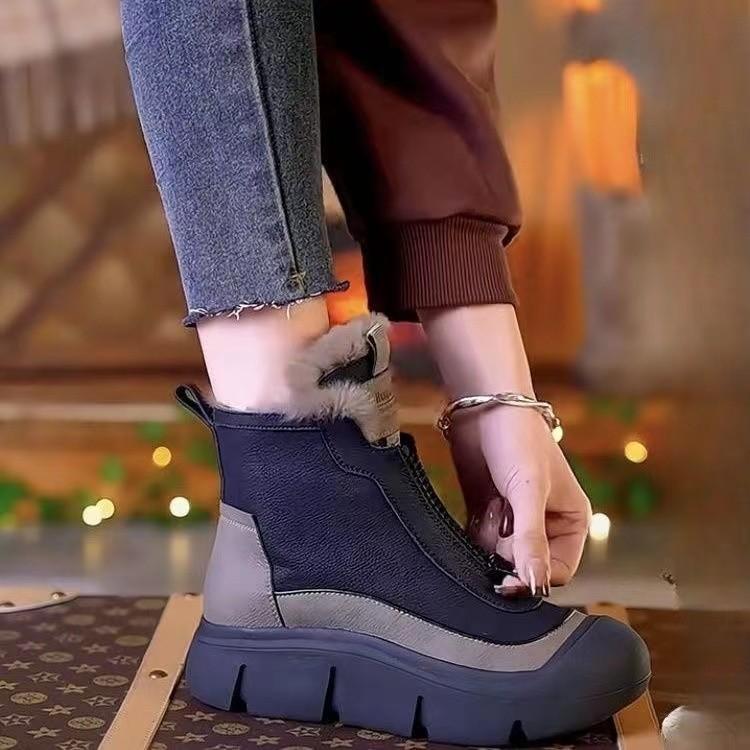 Zip Close Cotton Warm Cow Leather Women's Snow Boots