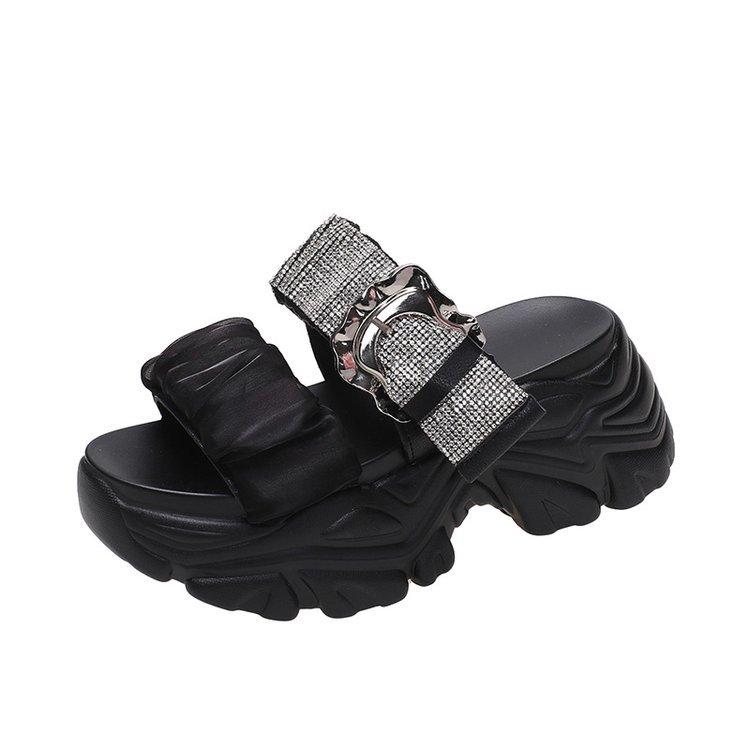 Korean rhinestone heightening metal buckle muffin sandals