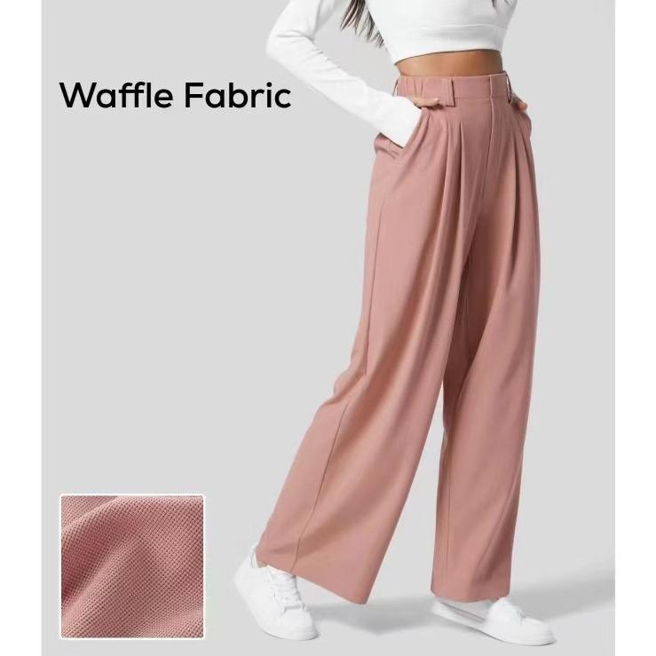 High Waisted Plicated Side Pocket Wide Leg Waffle Work Pants