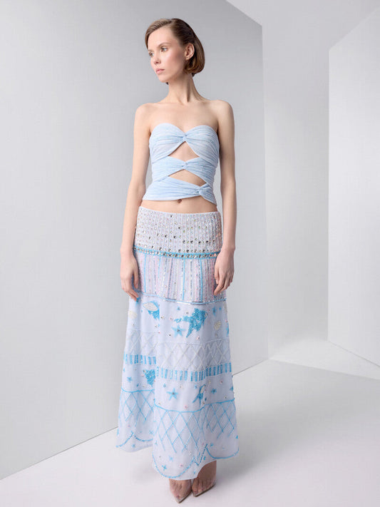 Featuring a baby blue two-piece co-ord with a mermaid-style skirt