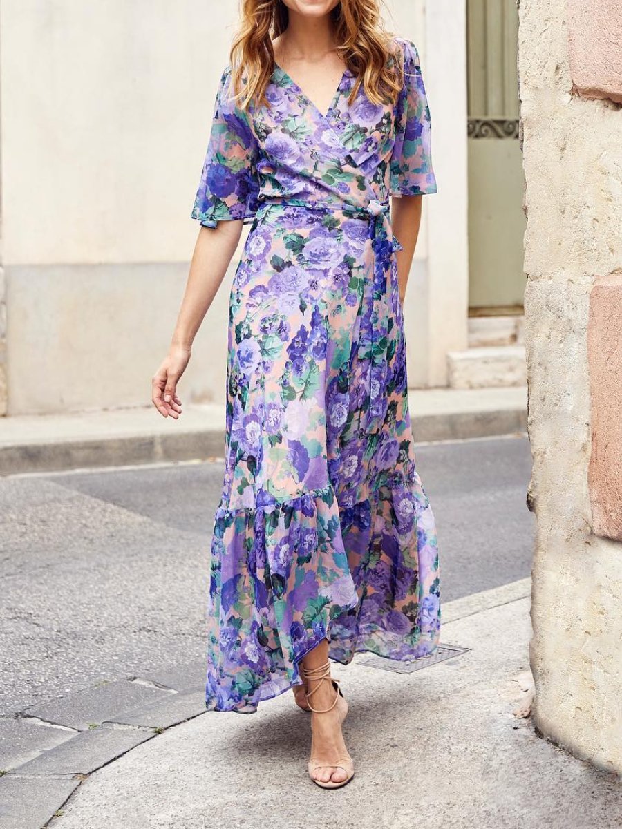 Printed Flutter Sleeve Maxi Wrap Dress