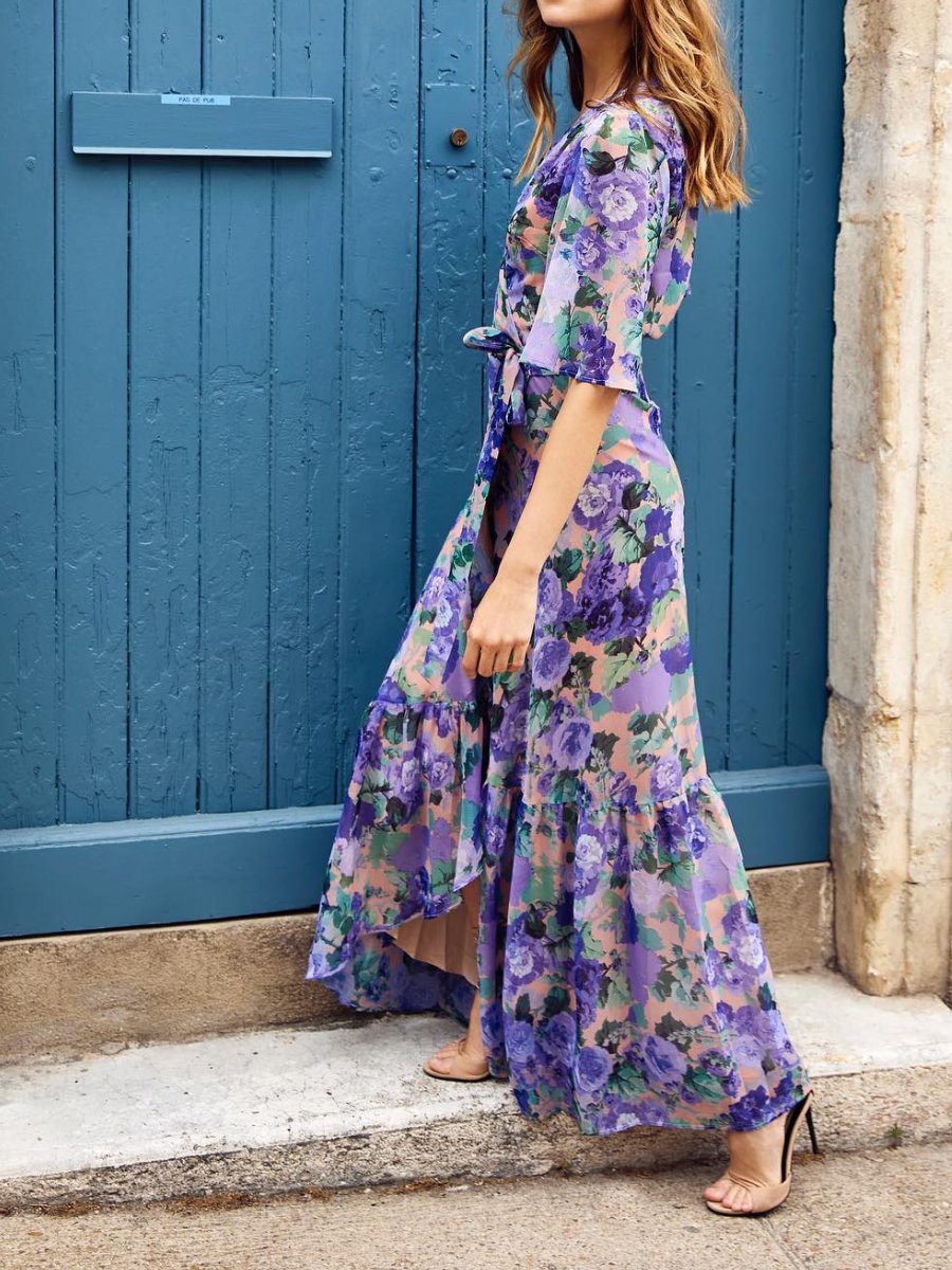 Printed Flutter Sleeve Maxi Wrap Dress