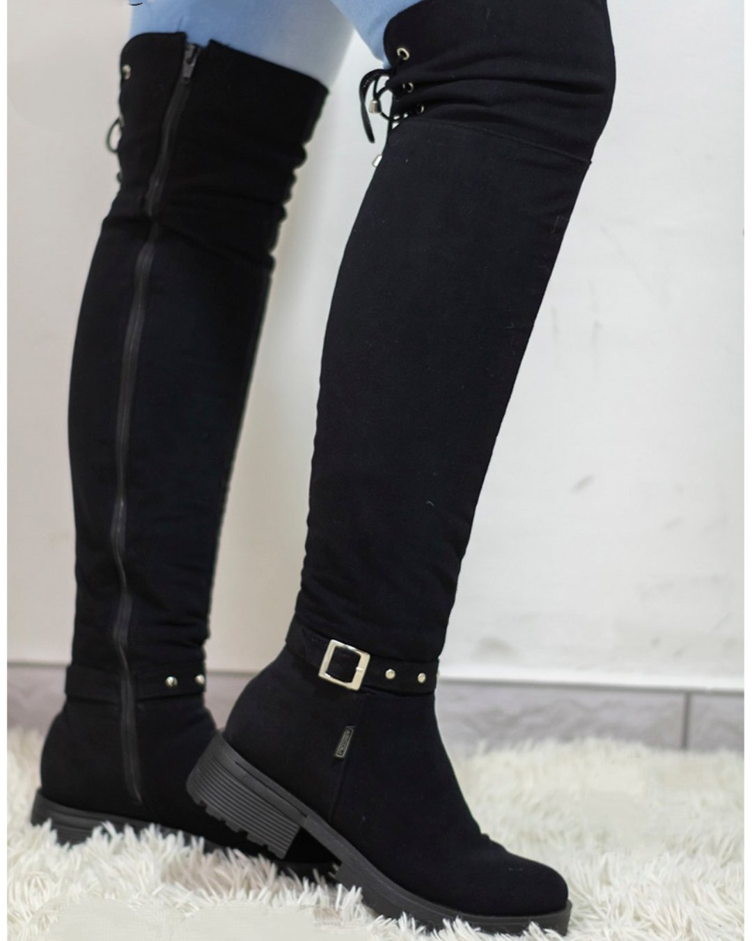 Suede anchor embellished knee high boots