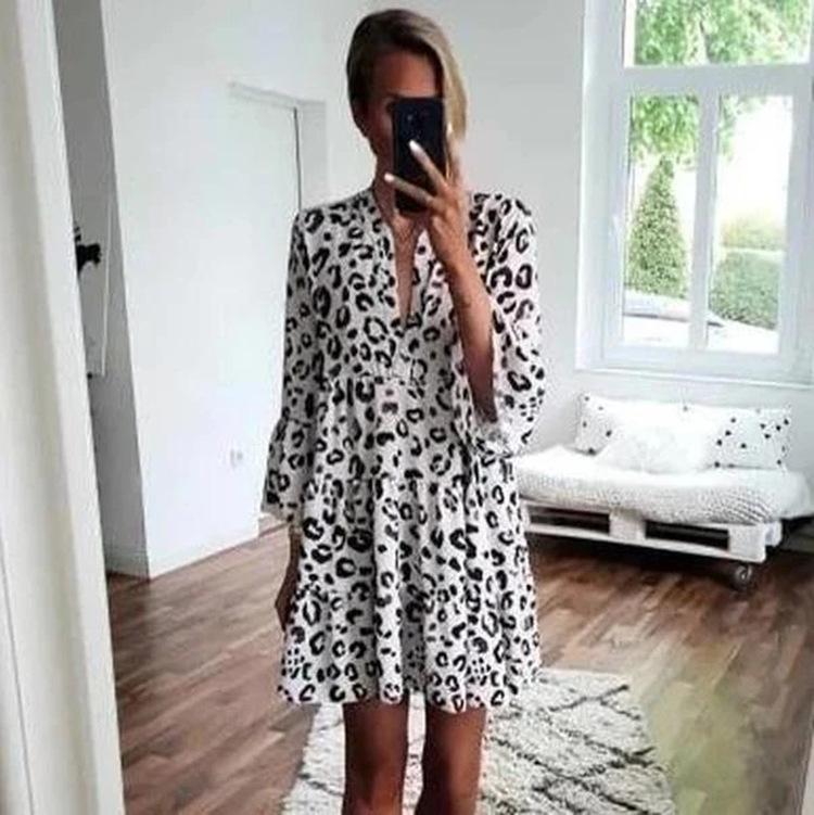 Hepburn Style Women Flare Sleeve V Neck Leopard Print Long Maxi Dress