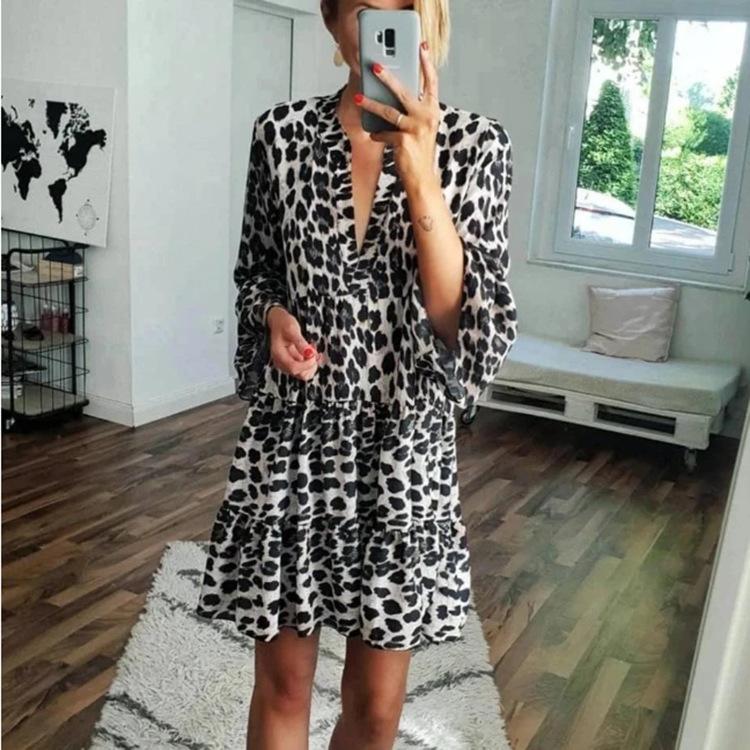 Hepburn Style Women Flare Sleeve V Neck Leopard Print Long Maxi Dress