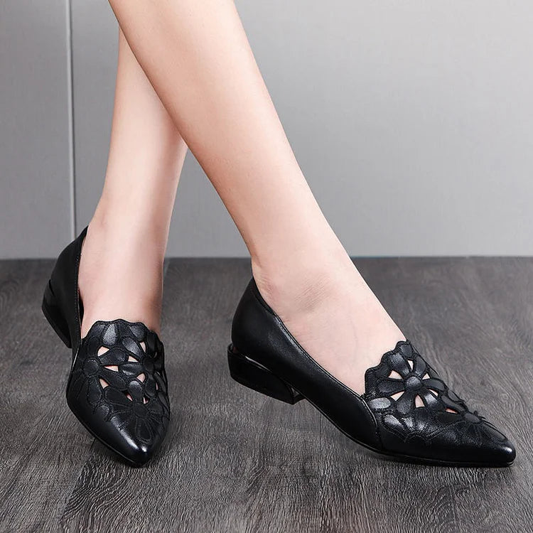 Soft-soled Causal Cutout Embroidered Leather Shoes