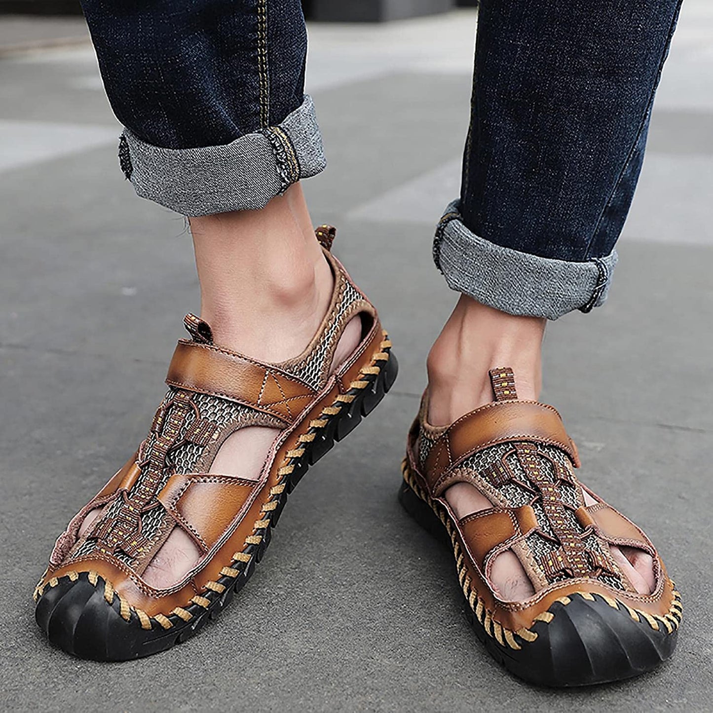 Men's handmade sandals leather beach wading shoes