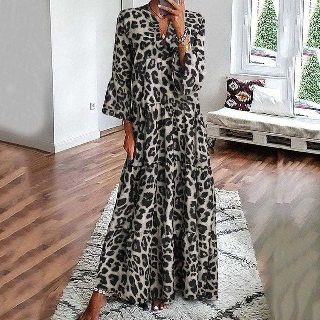 Hepburn Style Women Flare Sleeve V Neck Leopard Print Long Maxi Dress