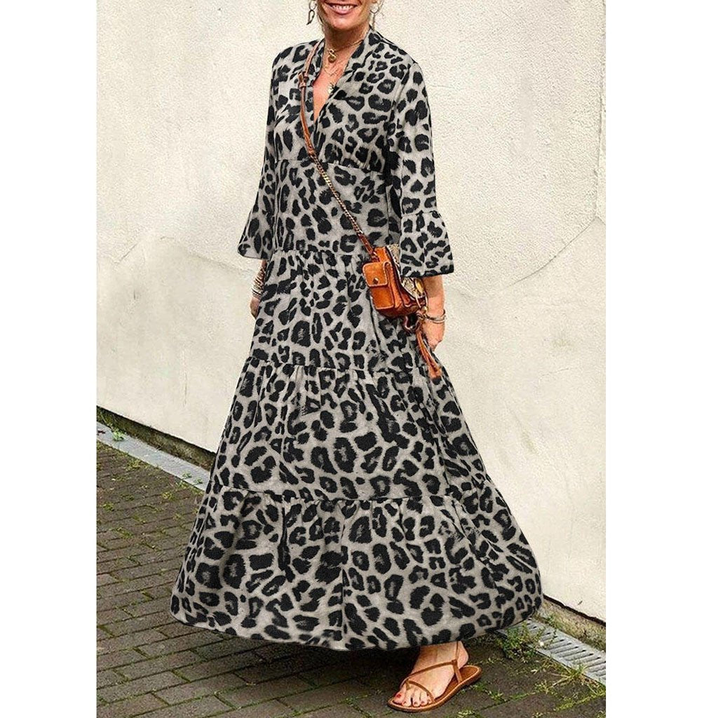 Hepburn Style Women Flare Sleeve V Neck Leopard Print Long Maxi Dress