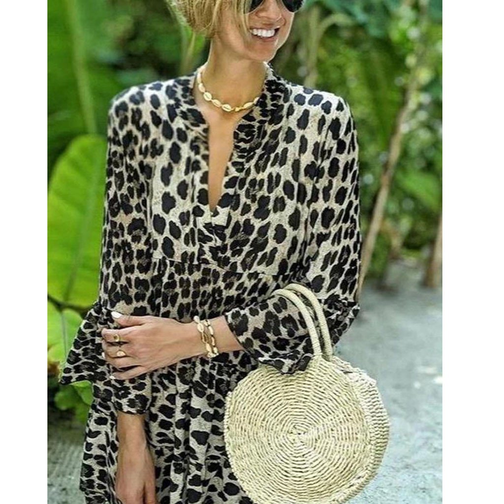 Hepburn Style Women Flare Sleeve V Neck Leopard Print Long Maxi Dress