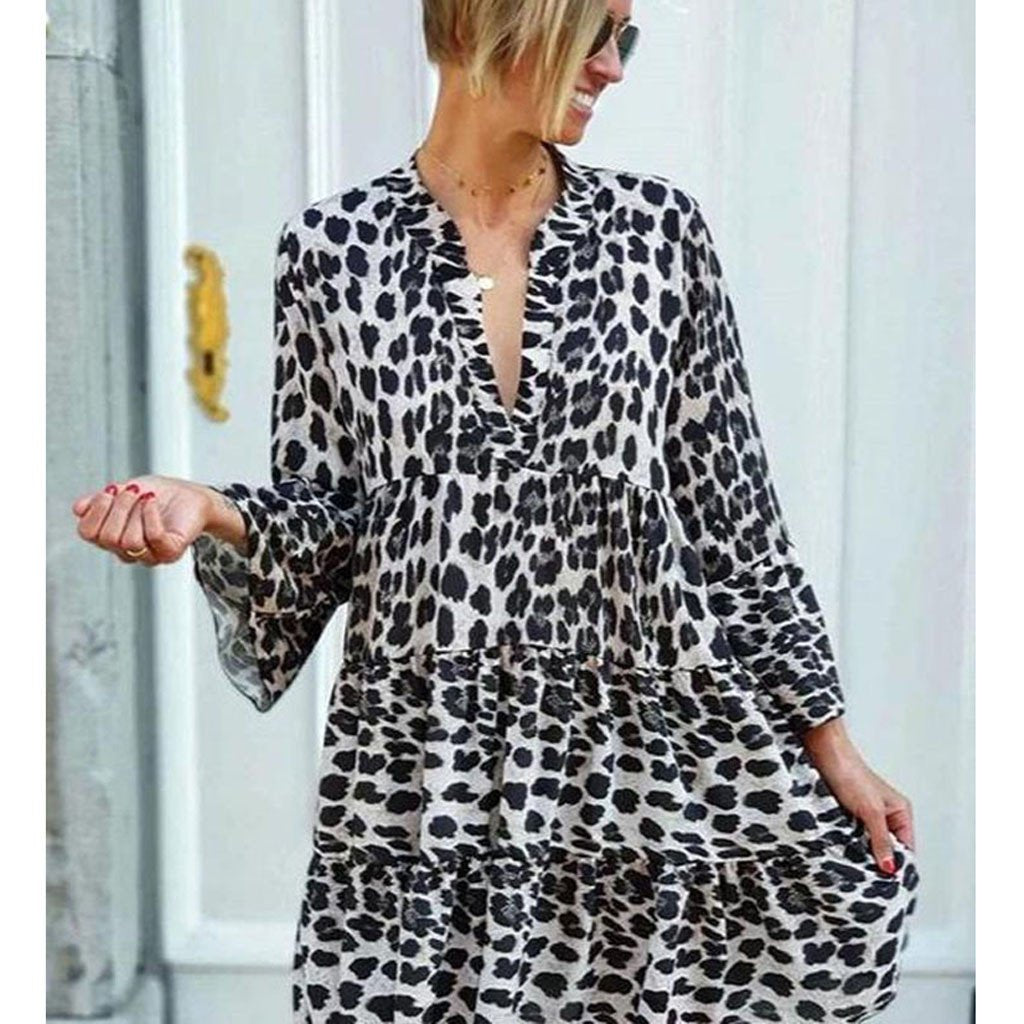 Hepburn Style Women Flare Sleeve V Neck Leopard Print Long Maxi Dress