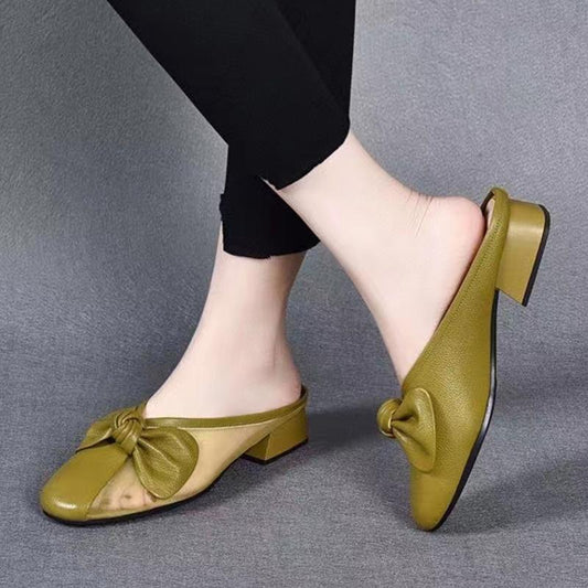 Summer new soft leather mesh thick heel women's shoes