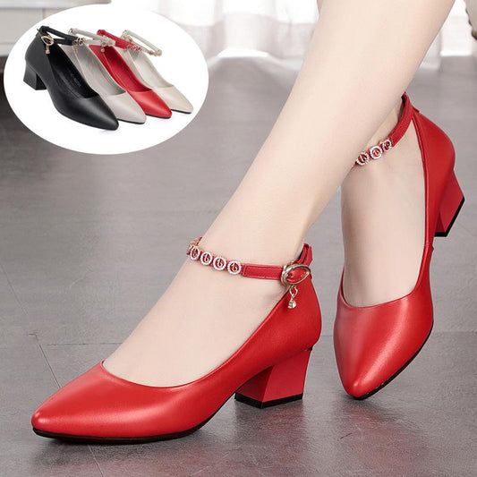 One word buckle rhinestone leather hand-stitched thick shoes