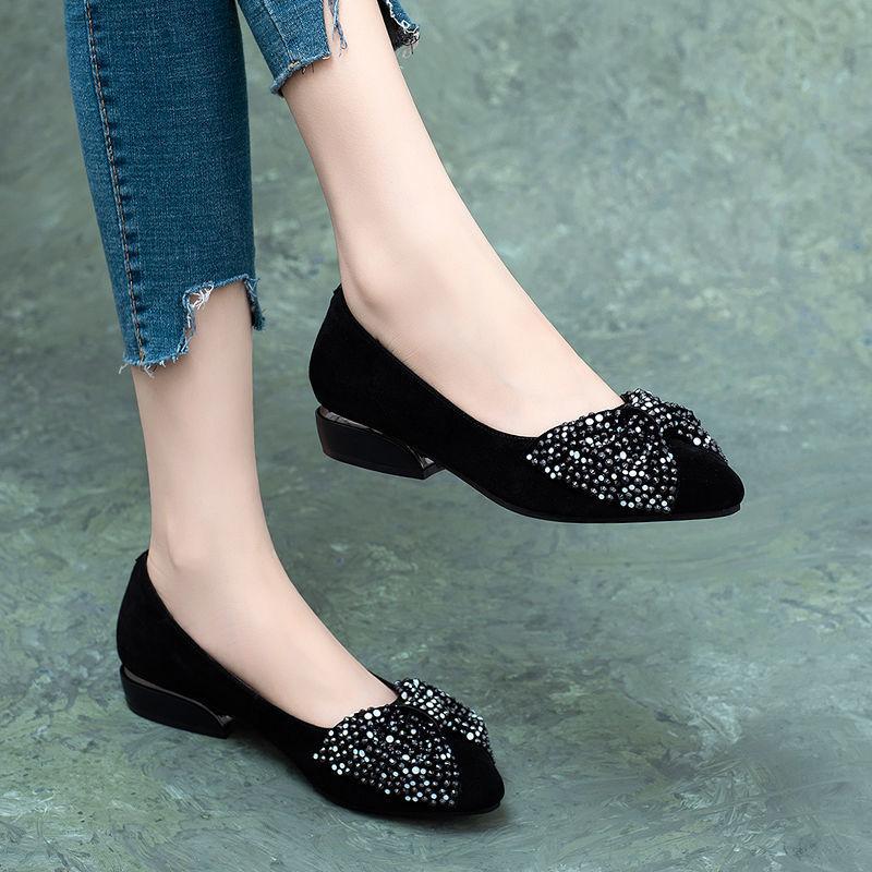 Bow rhinestone soft-soled low-heel work shoes