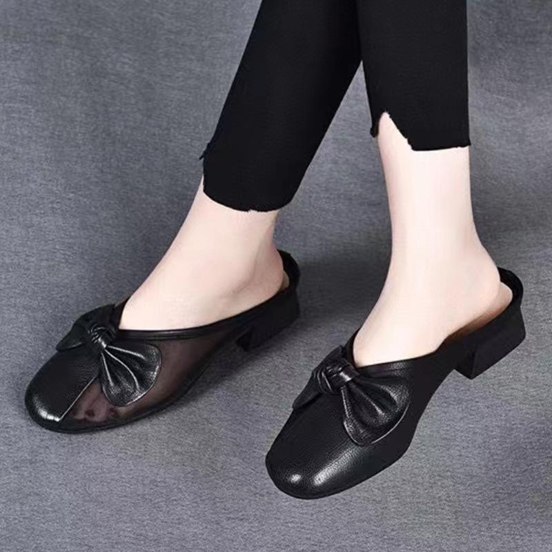 Summer new soft leather mesh thick heel women's shoes