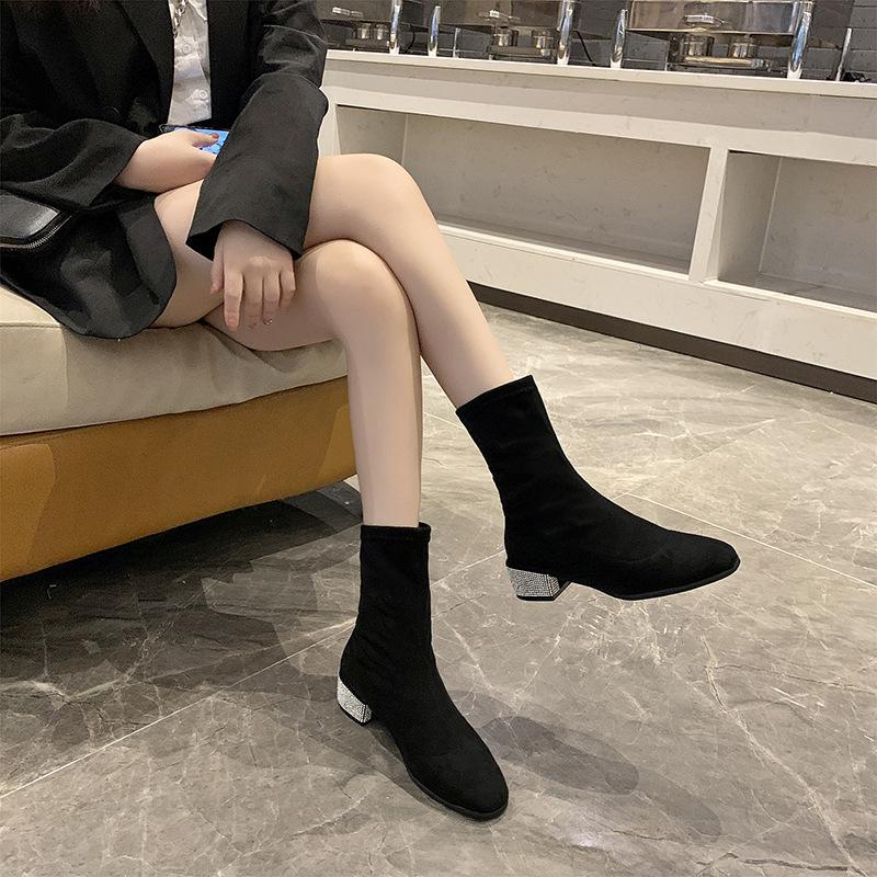 Rhinestone mid-heel square toe chunky heel ankle boots