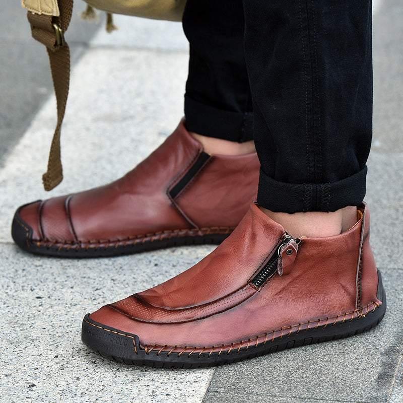 Men Leather Hand Stitching Side Zipper Comfy Soft Ankle Boots