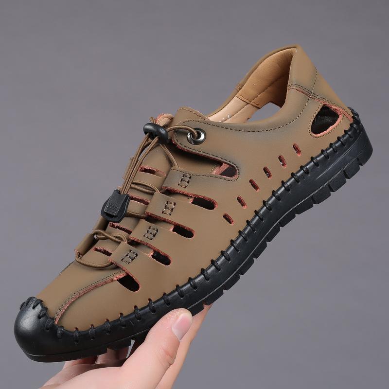 Handmade top layer cowhide perforated breathable sandals