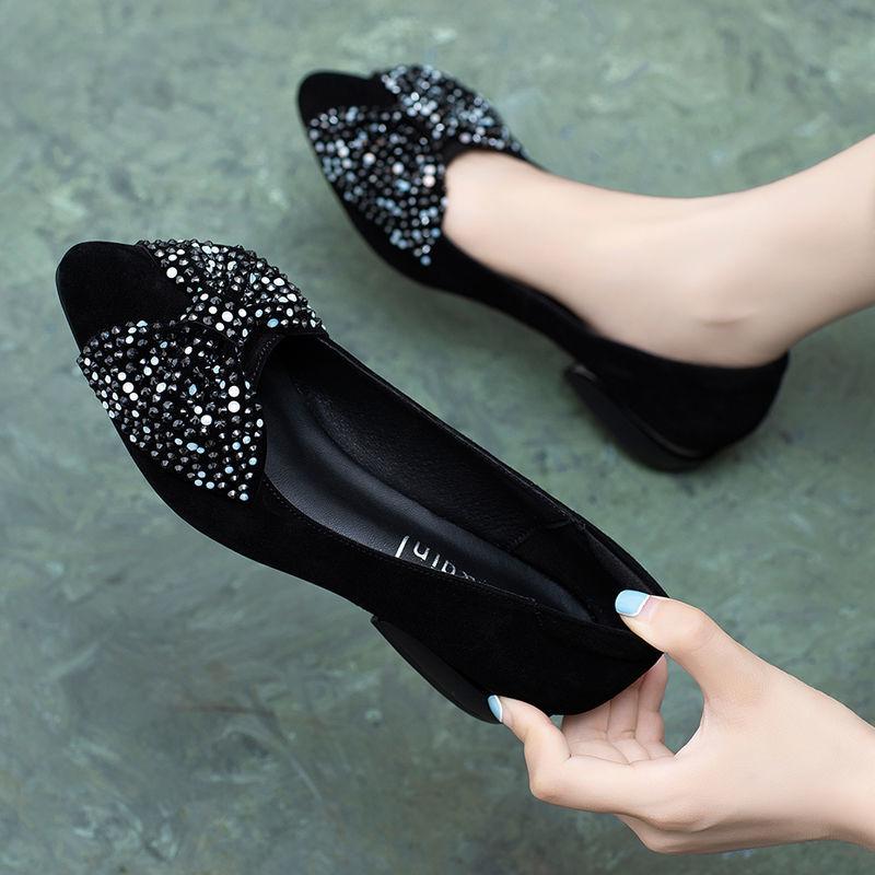 Bow rhinestone soft-soled low-heel work shoes