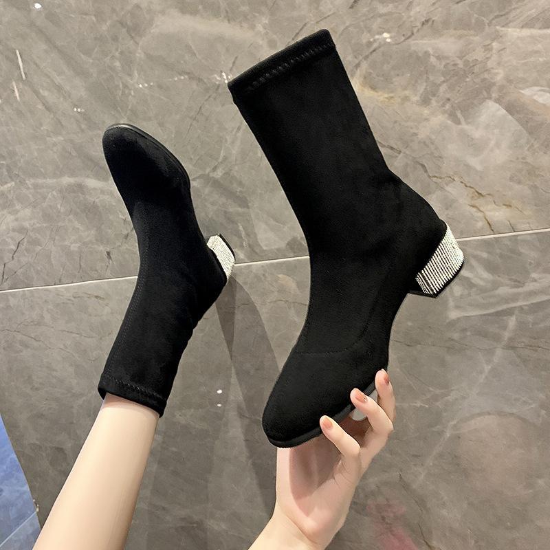 Rhinestone mid-heel square toe chunky heel ankle boots