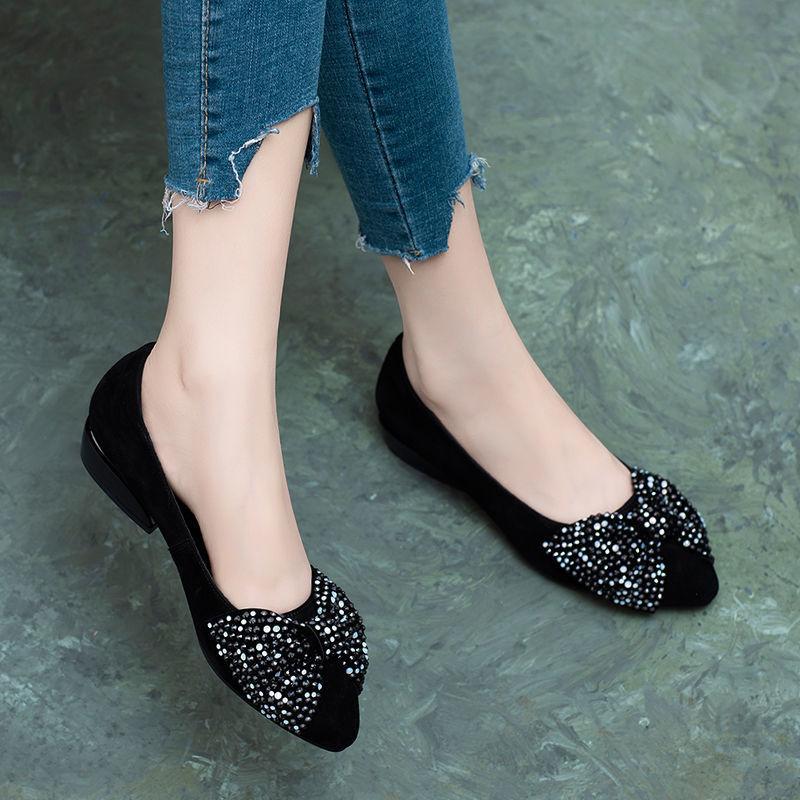 Bow rhinestone soft-soled low-heel work shoes