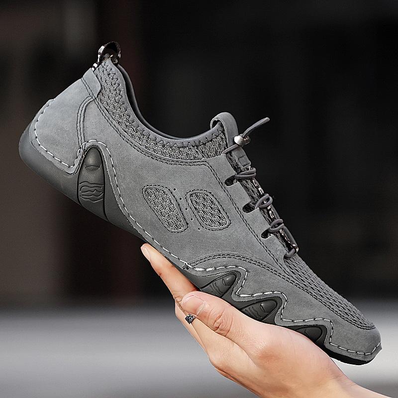 Men Round Toe Hand Stitching Breathable Mesh Leather Shoes