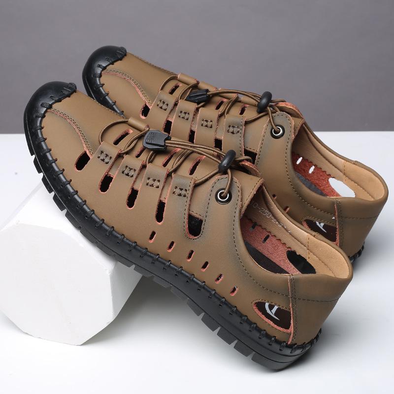 Handmade top layer cowhide perforated breathable sandals