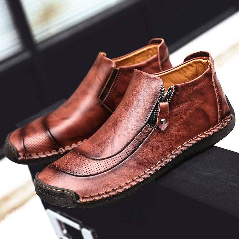 Men Leather Hand Stitching Side Zipper Comfy Soft Ankle Boots