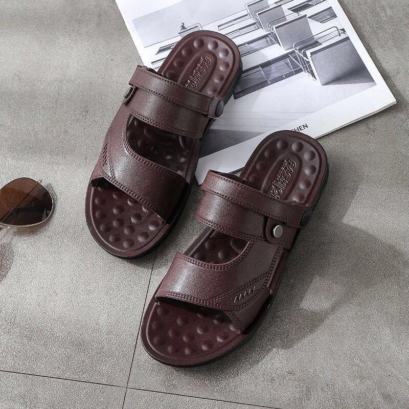 Genuine leather men's deodorant non-slip anti-sweat beach slippers